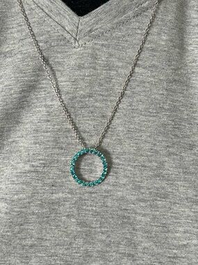 Silver tone Necklace with Turquoise Crystal Circle Pendant